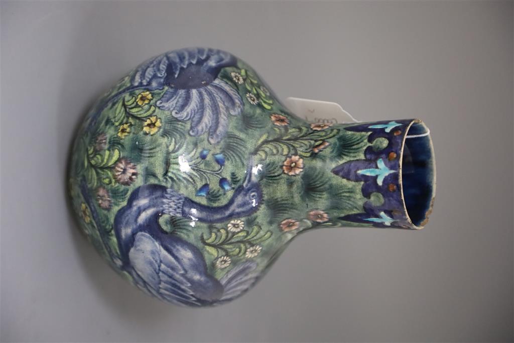 A rare William de Morgan Ostrich bottle vase, c.1888-97, painted by Joe Juster, 24cm high, 18cm wide